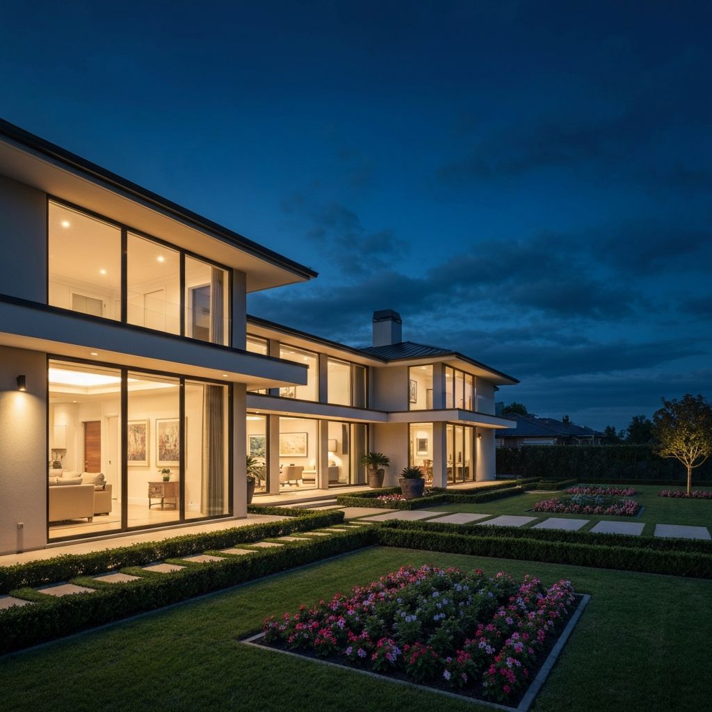 Luxury home at dusk with warm interior lighting